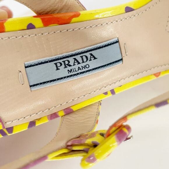 Prada Yellow Floral Patent Leather Chunky Platform Block Heel Sandal size IT 37 - Picture 12 of 14